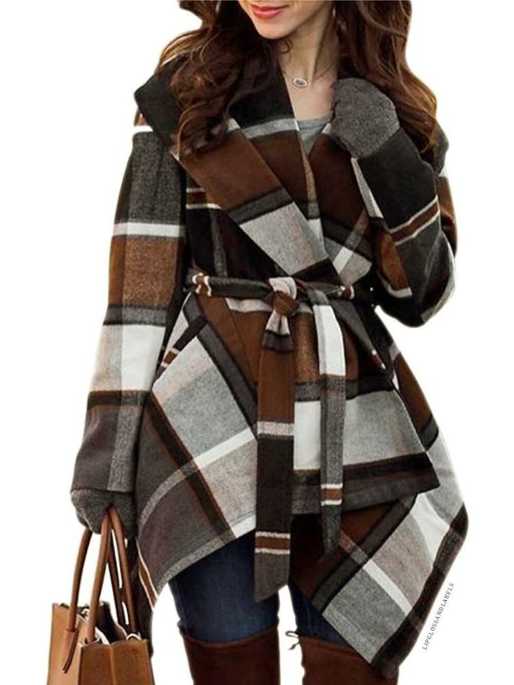 Stylish Women's Shawl Collar Wool Blend Coat - Earth Tone Check, Asymmetric
